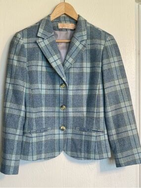 Vintage Pendelton Plaid Button 80's Virgin Wool Blazer Green Blue Women Size 6